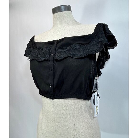 AMUSE SOCIETY Crop Top Sz L Black Embroidered Button Up Off The Shoulder Boho - Picture 6 of 10
